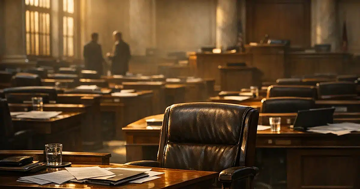 Empty legislative chamber with vacant chair and scattered papers on wooden desks in afternoon light