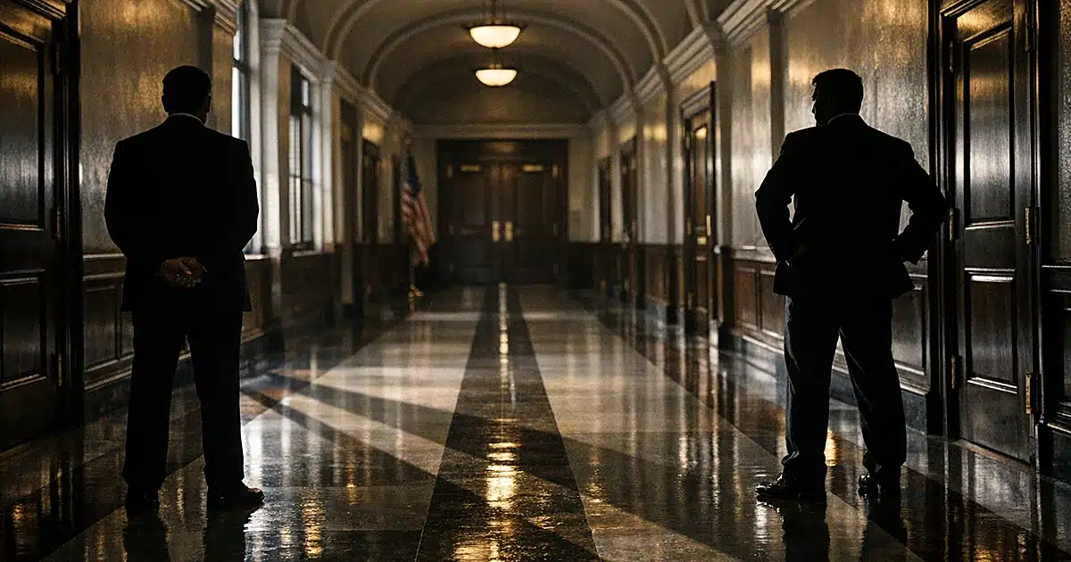 Two silhouetted figures stand at opposite ends of a Pentagon corridor, suggesting institutional conflict
