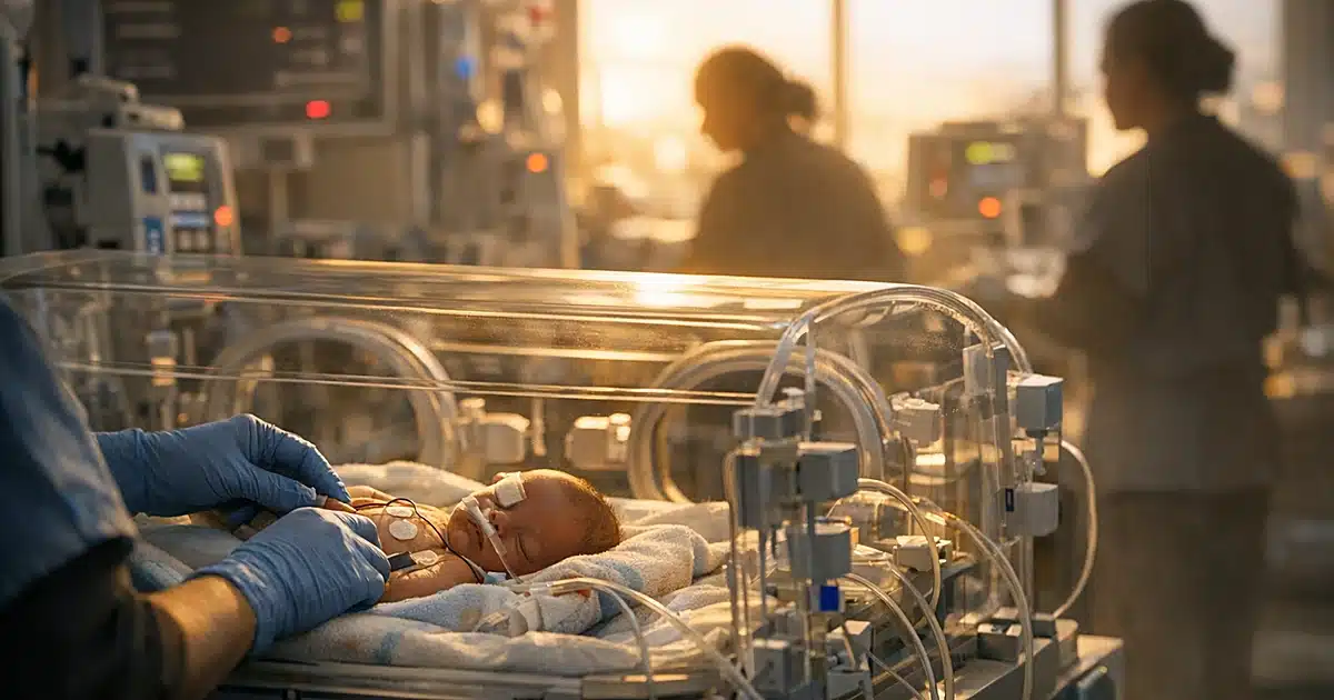Medical staff attending to infant in NICU isolette with monitoring equipment at hospital