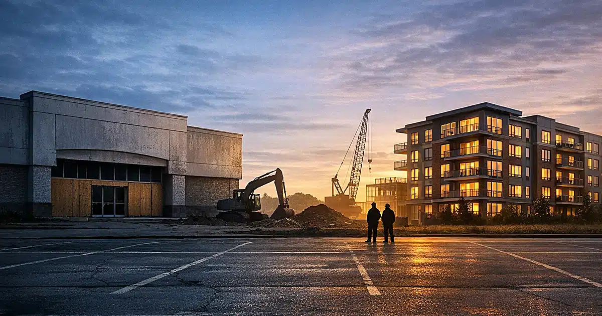 Abandoned retail building transforming into modern residential condominiums with construction equipment in parking lot