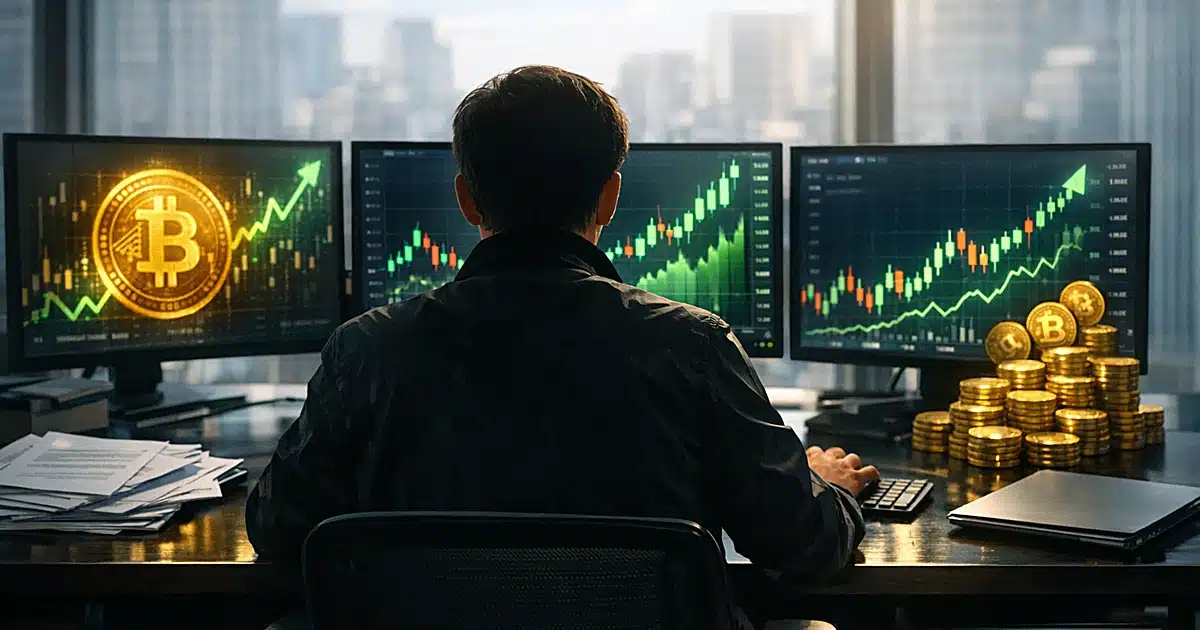 Trading desk with glowing cryptocurrency charts and silhouetted figure working at monitors in modern office