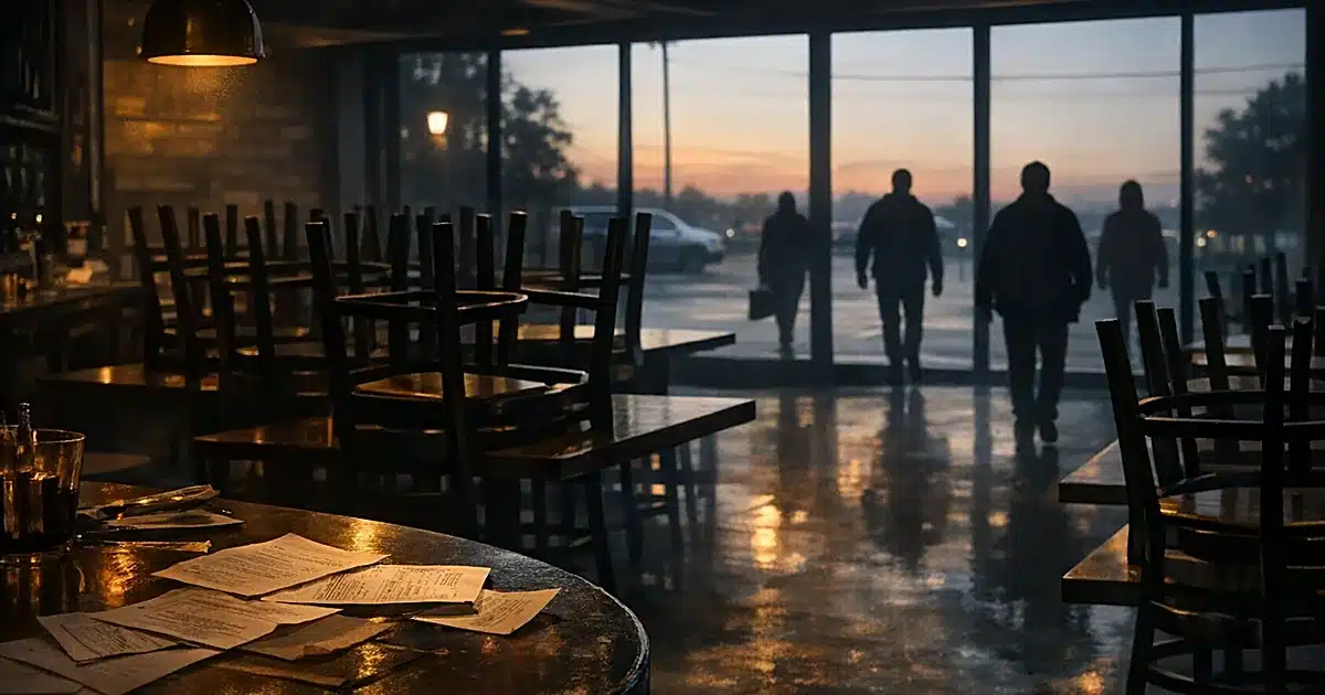 Empty restaurant interior with stacked chairs and silhouettes of people walking away through windows at dusk