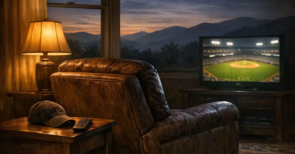 Empty leather armchair facing TV showing baseball game with mountain view through window at dusk