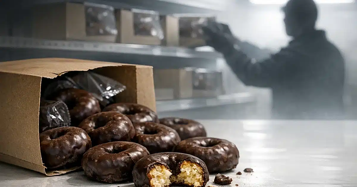 Chocolate-dipped donuts spilling from carton with silhouetted figure removing products from retail shelf in background