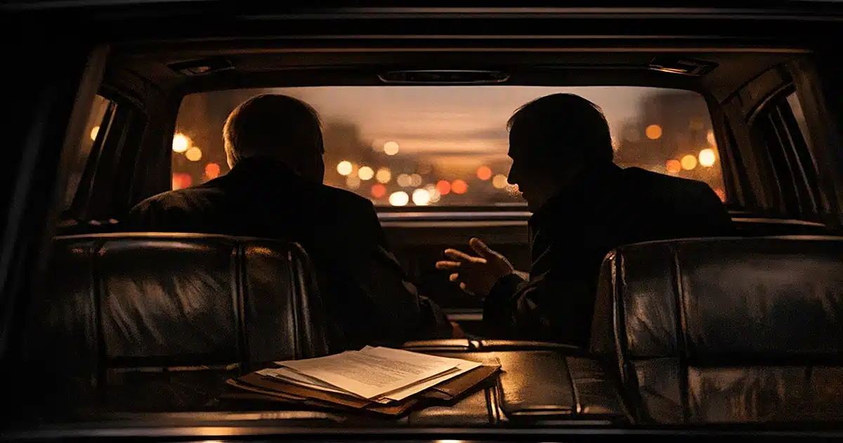 Silhouettes of two people conversing in the back of a presidential limousine with city lights visible through windows