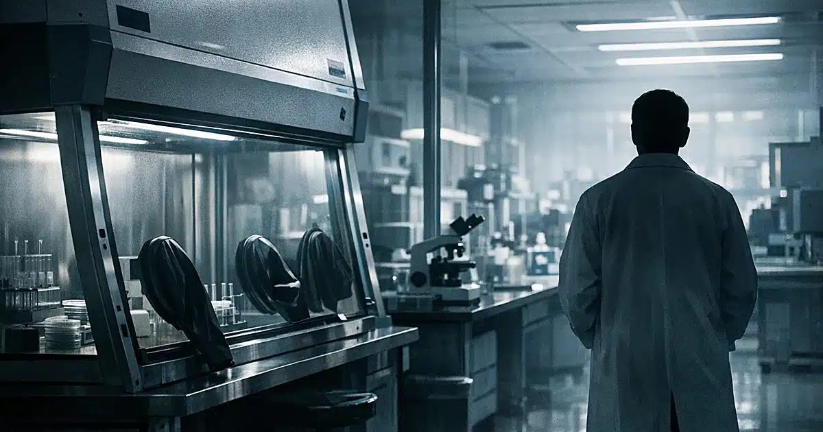 Laboratory interior with biosafety equipment and silhouetted scientist figure viewed from behind through window