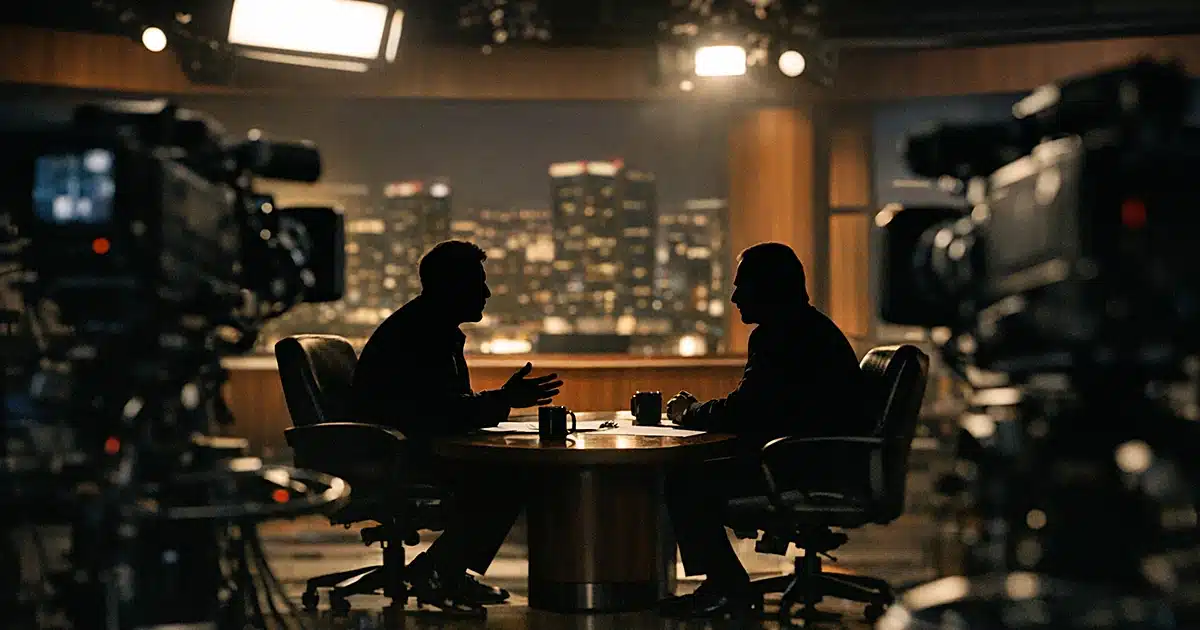 Two silhouetted figures in television studio interview setup with professional broadcast equipment and lighting