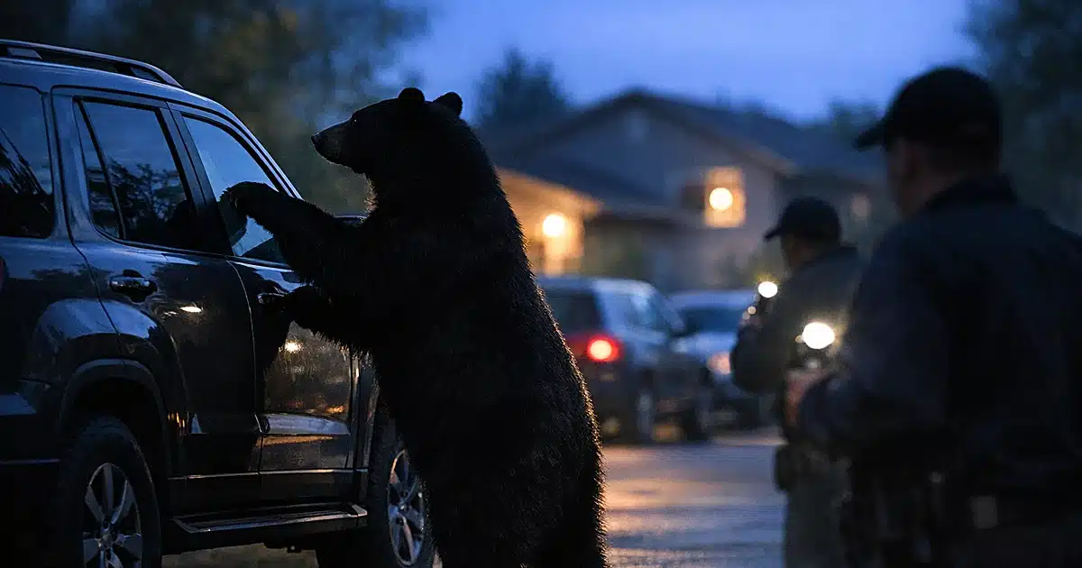 Black bear silhouette standing beside parked SUV in residential driveway at dusk