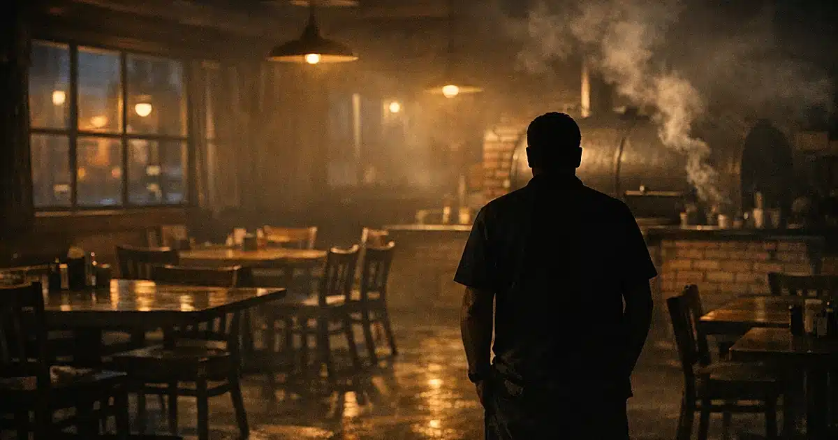 Empty barbecue restaurant interior with silhouetted figure facing away, smoker in background, warm evening light