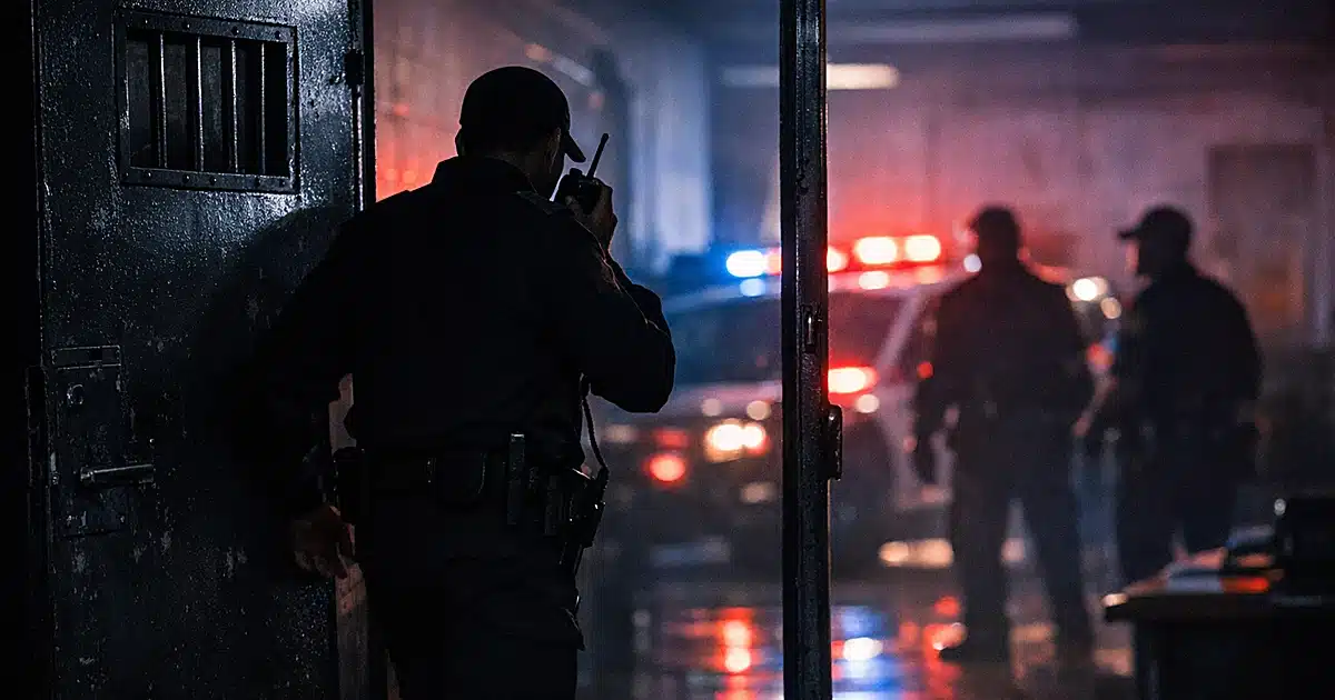 Police officer silhouette entering doorway of Brazilian police station with emergency lights flashing outside