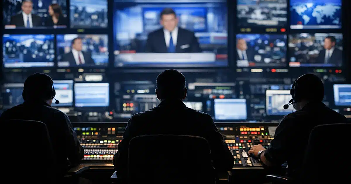 Television broadcast control room with monitors and silhouetted operators during live news production