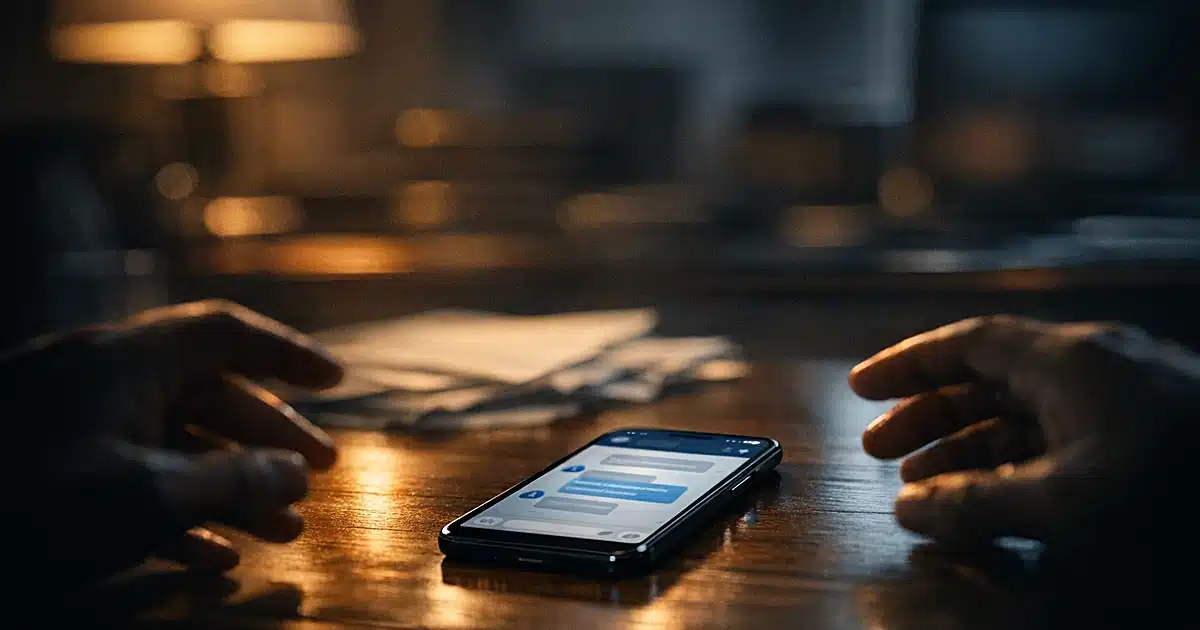 Smartphone glowing on desk with silhouetted hands reaching toward it in dimly lit office