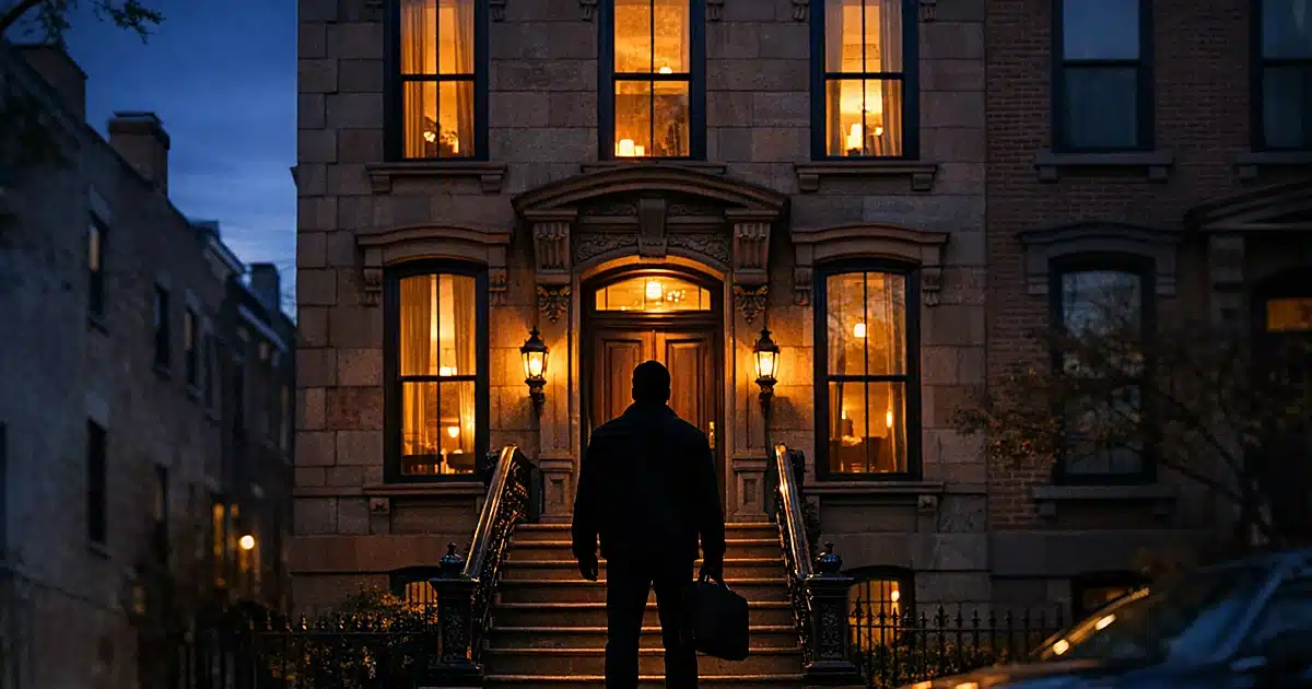 Luxury Brooklyn townhouse at dusk with silhouetted figure on front steps
