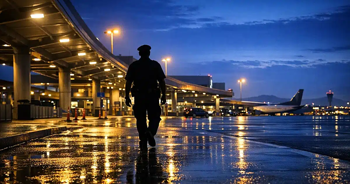 Empty airport terminal exterior at night with security silhouette and harsh sodium lighting on wet pavement