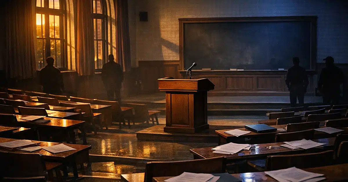 Empty university lecture hall at dusk with abandoned podium and scattered papers on wooden desks