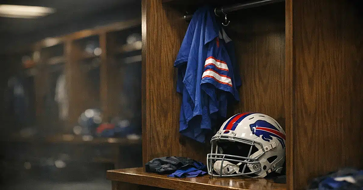 Empty NFL locker room with helmet and jersey in open locker, dimly lit with soft background blur
