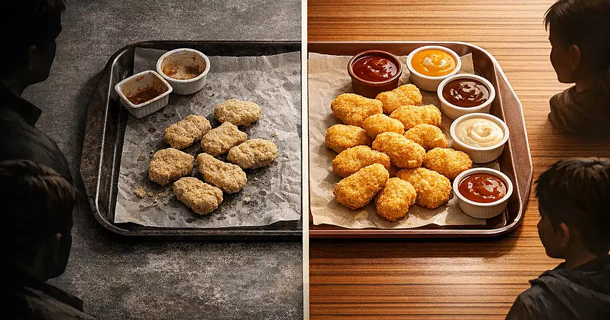 Split composition showing old dried chicken nuggets versus new golden nuggets with colorful sauce containers