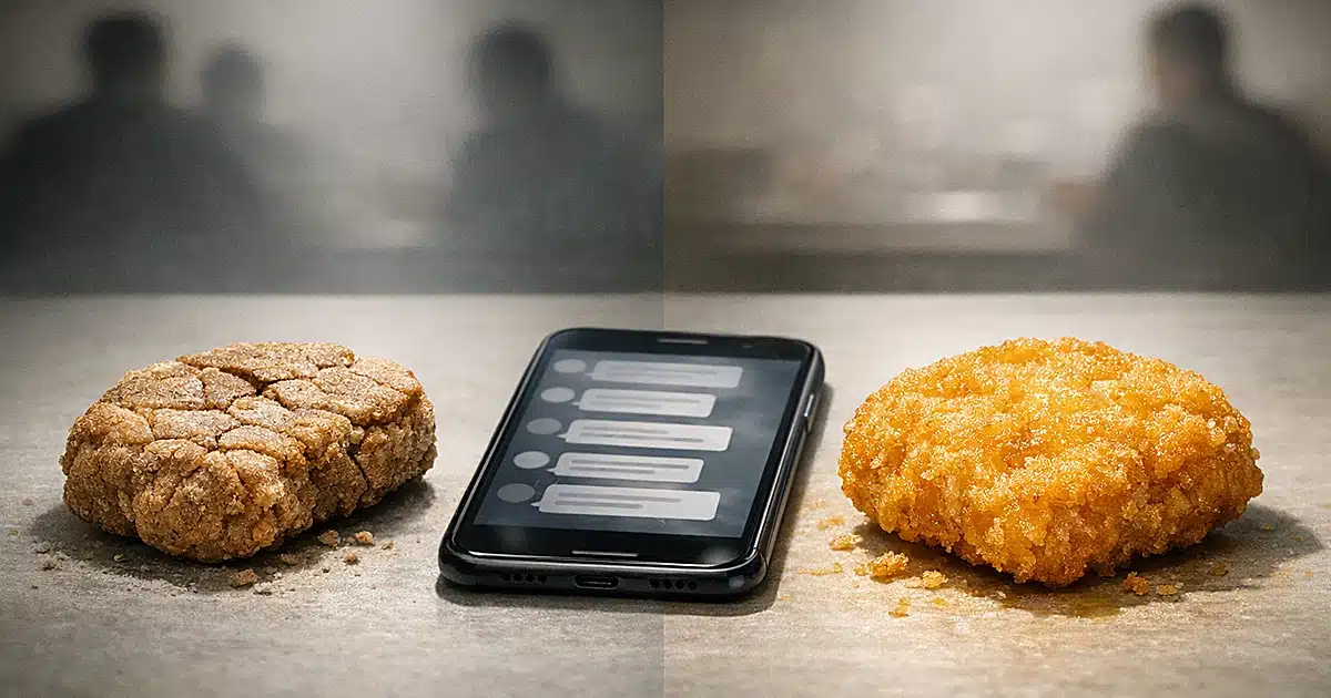 Two chicken nuggets side by side showing contrast between old dried texture and new improved golden appearance