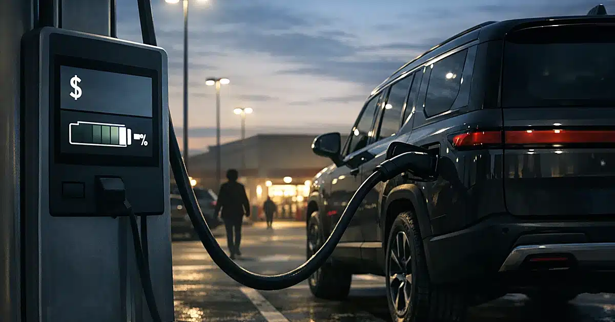 Electric SUV connected to charging station with display showing high cost, person silhouette walking toward store