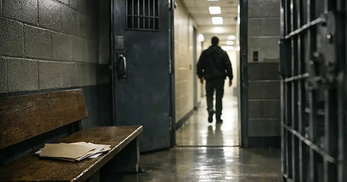 Empty courthouse holding cell with open steel door leading to bright exit corridor, release papers on bench