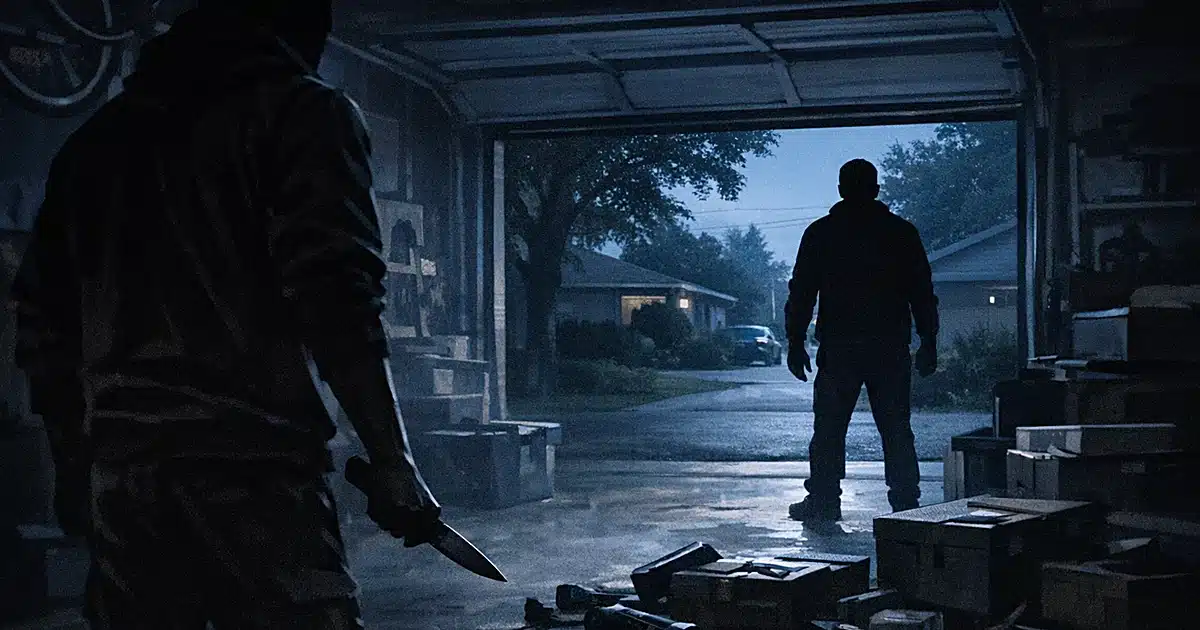 Dark silhouettes in a residential garage at dusk with open door showing suburban street beyond