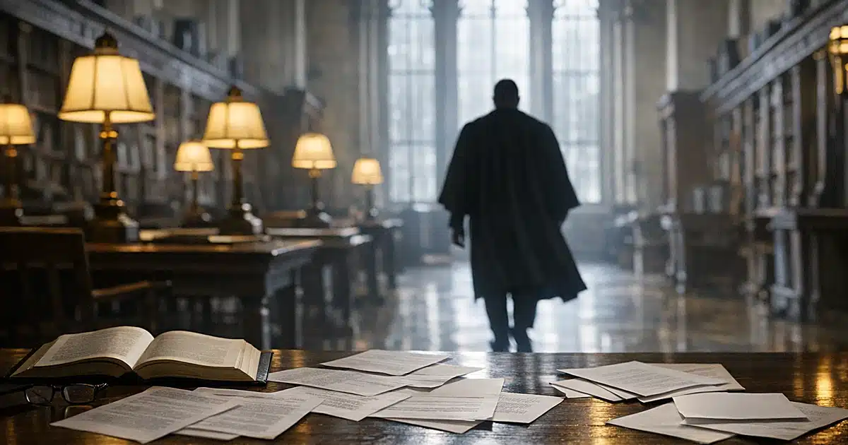 Silhouetted figure in academic robes walking away through university library with scattered papers on desk