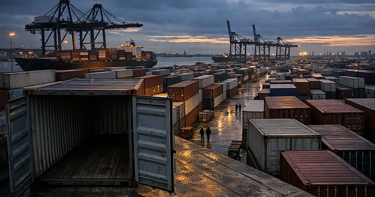 Empty shipping container with open doors at industrial port facility with cranes silhouetted against overcast sky