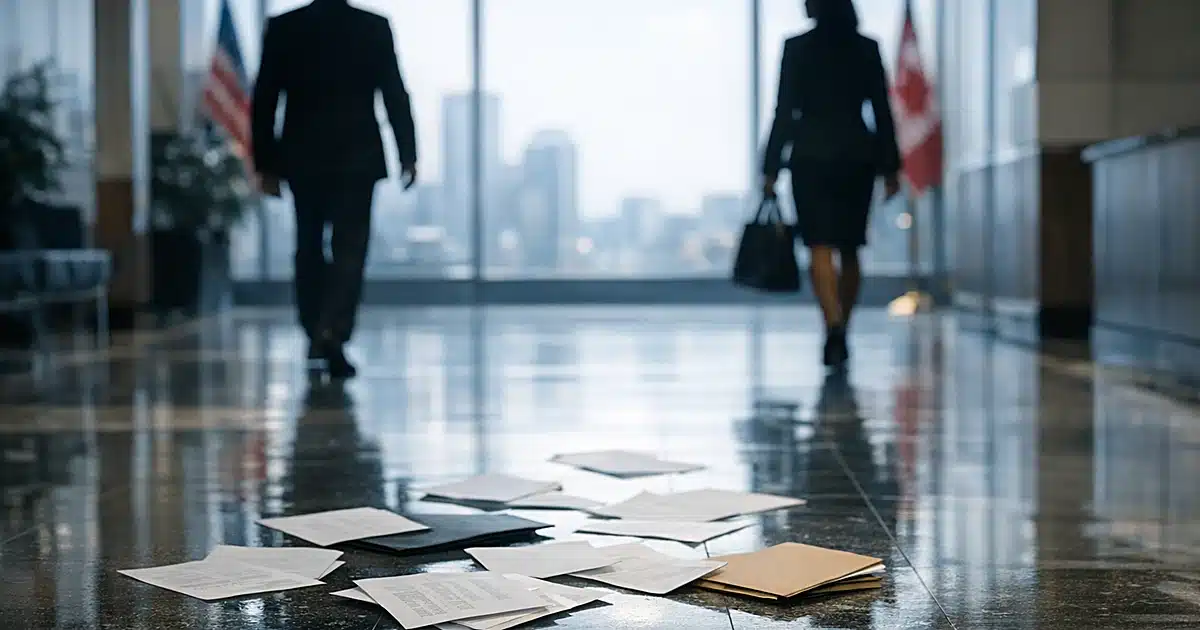 Two silhouetted figures approach each other in a government corridor with scattered documents between them