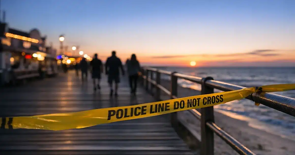 Empty Jersey Shore boardwalk at dusk with police tape and distant silhouettes walking away from camera