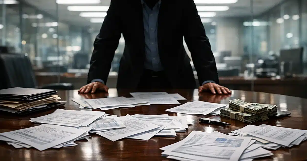 Boardroom table with scattered financial documents and silhouetted business figure in tense stance