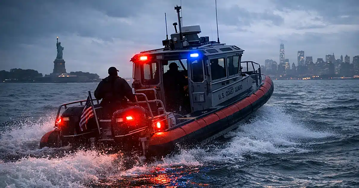 Coast Guard patrol boat with flashing lights cutting through choppy harbor water at dusk with crew silhouettes