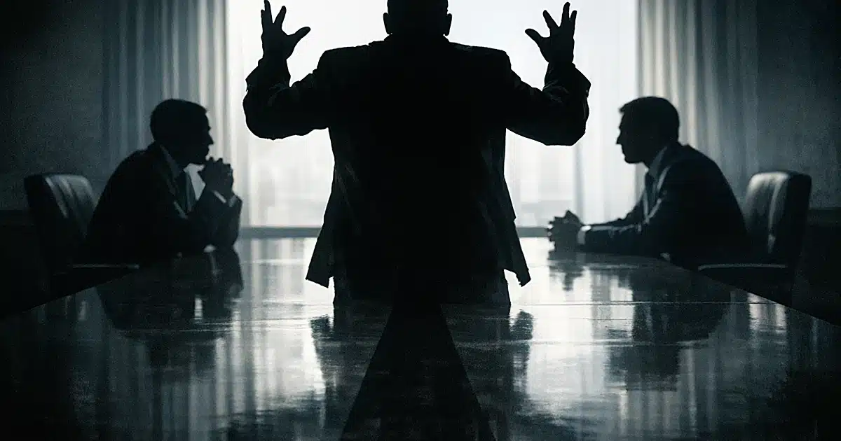 Silhouetted figures in tense meeting with third shadow figure gesturing confrontationally in foreground