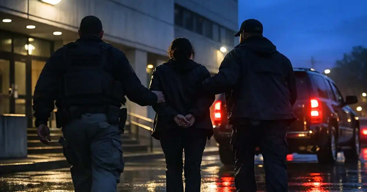 ICE agents escort detainee toward government vehicle outside federal immigration enforcement facility at dusk