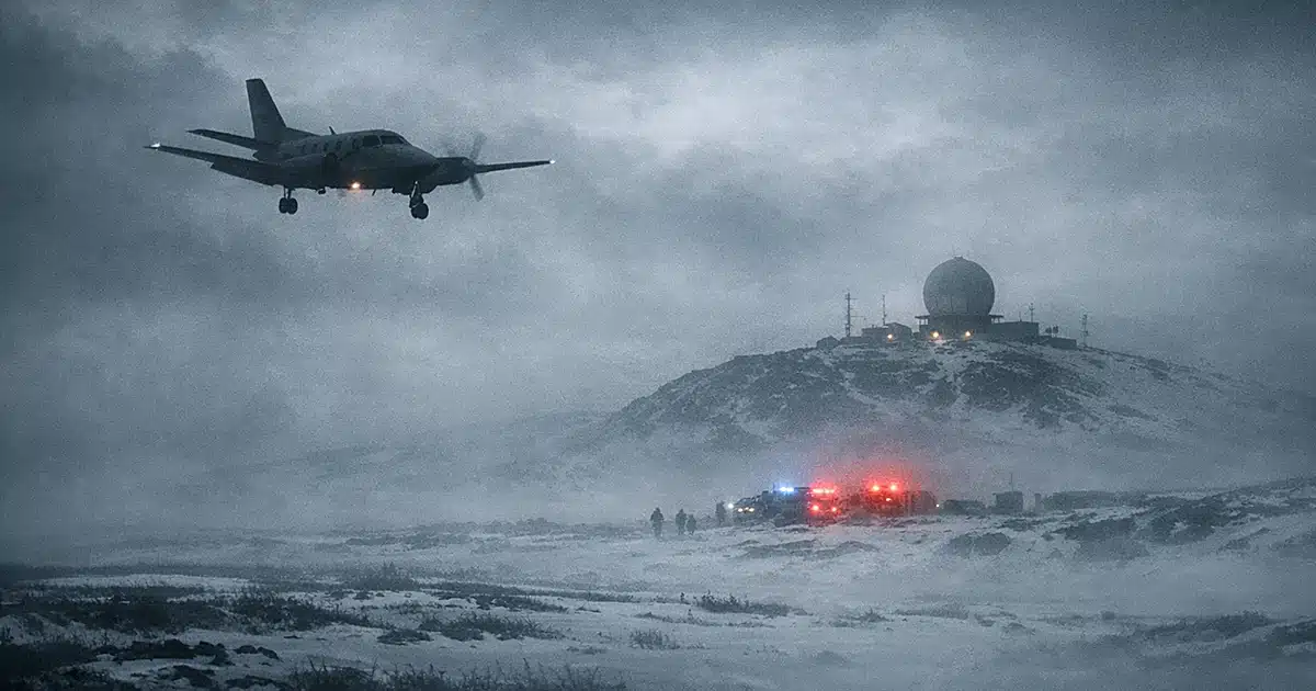 Twin-engine aircraft silhouette descending through clouds over remote Alaska tundra with radar dome installation