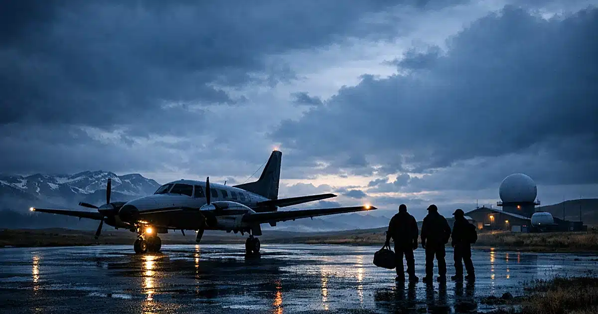 Twin-engine turboprop aircraft on remote Alaskan airstrip under stormy skies with vast tundra landscape