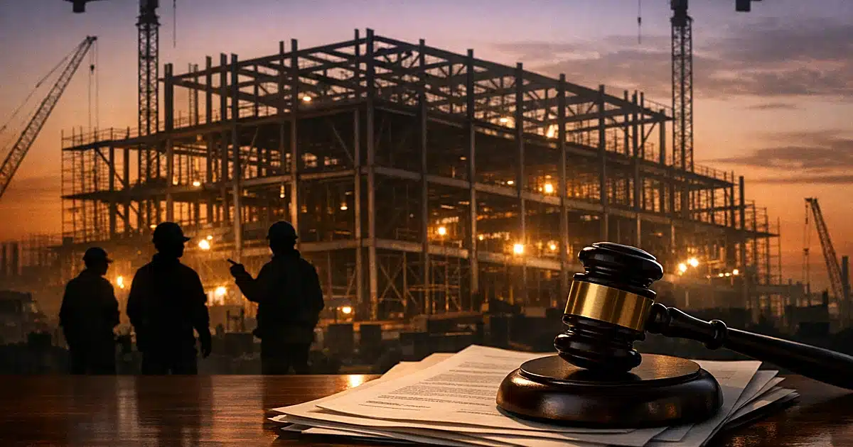 Construction workers as silhouettes building ballroom framework with judge's gavel on legal documents in foreground