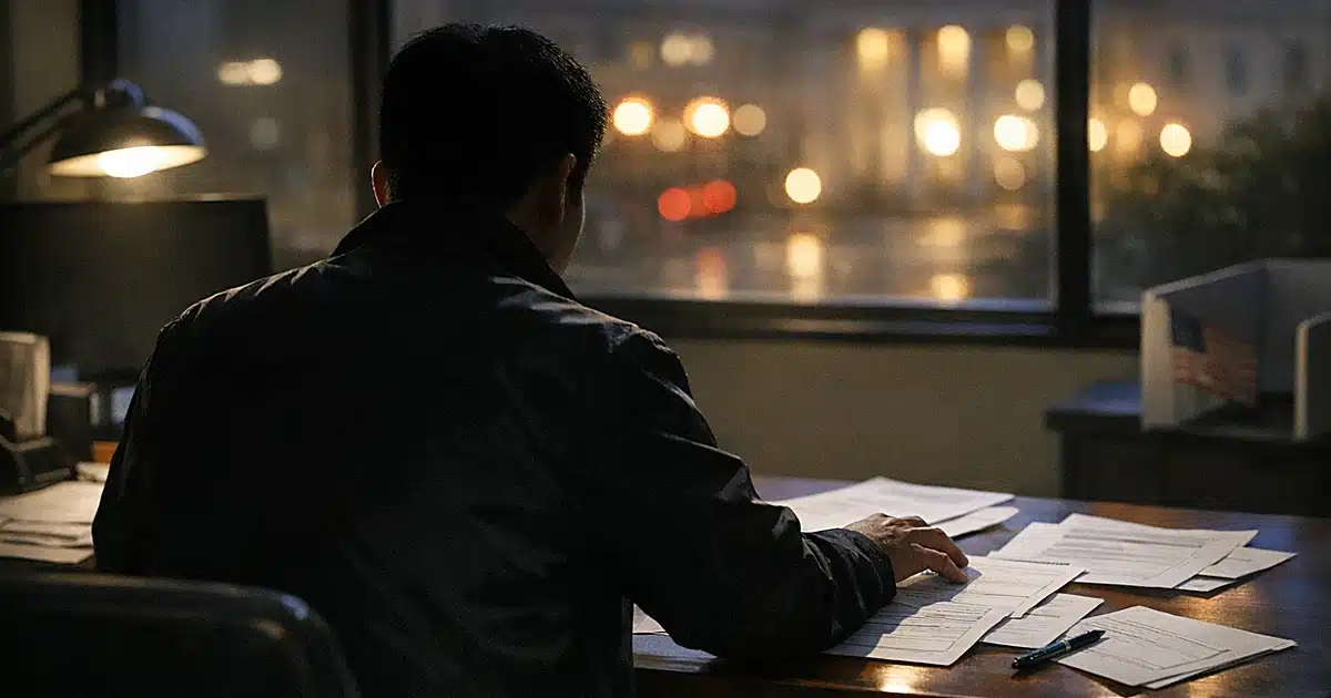 Silhouetted figure at desk with voter registration forms in dimly lit municipal office