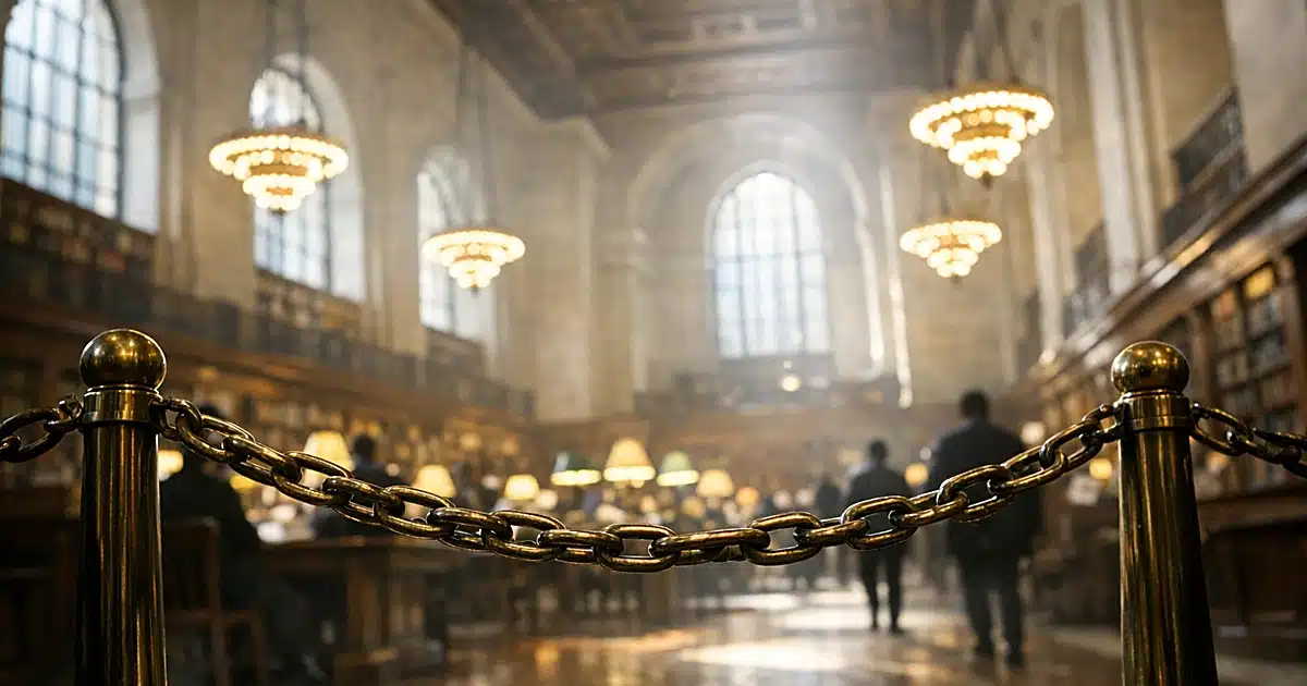 Public library interior with brass chain barrier across entrance, marble columns and natural window light
