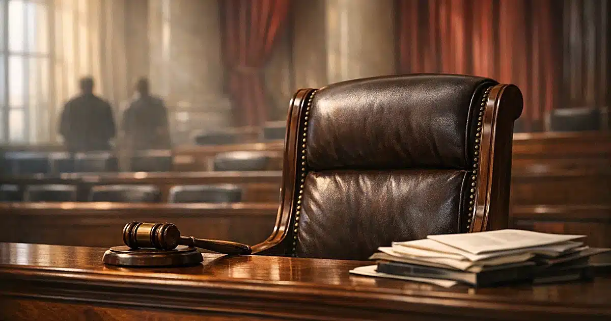 Empty Supreme Court justice bench with leather chair, afternoon light streaming through courtroom windows
