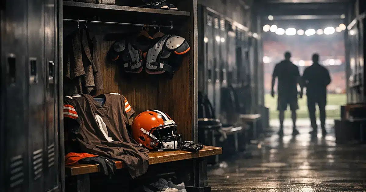 Empty NFL locker room with Browns helmet and jersey, tunnel to field visible in background at night