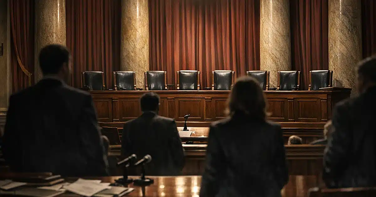 Empty Supreme Court bench with nine chairs viewed from gallery, silhouetted figures in foreground