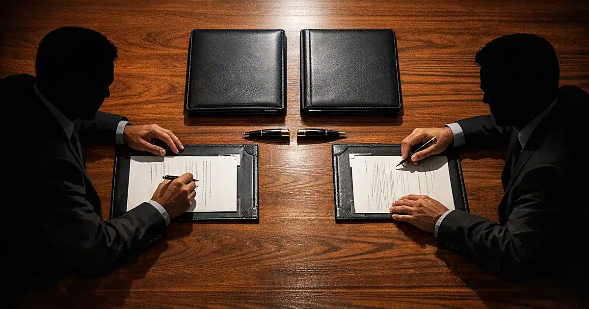 Two silhouetted officials at conference table signing documents during formal diplomatic meeting