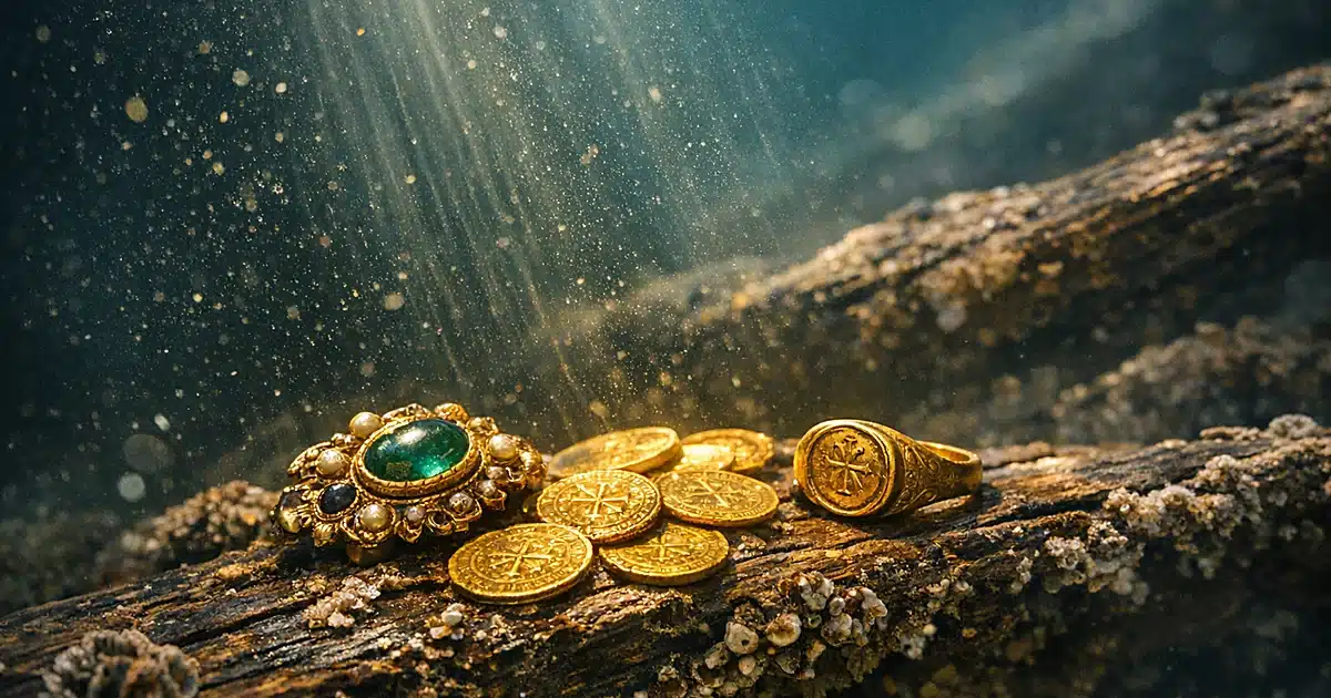 Ancient gold coins and jewelry on weathered shipwreck timbers underwater with sunlight filtering through water