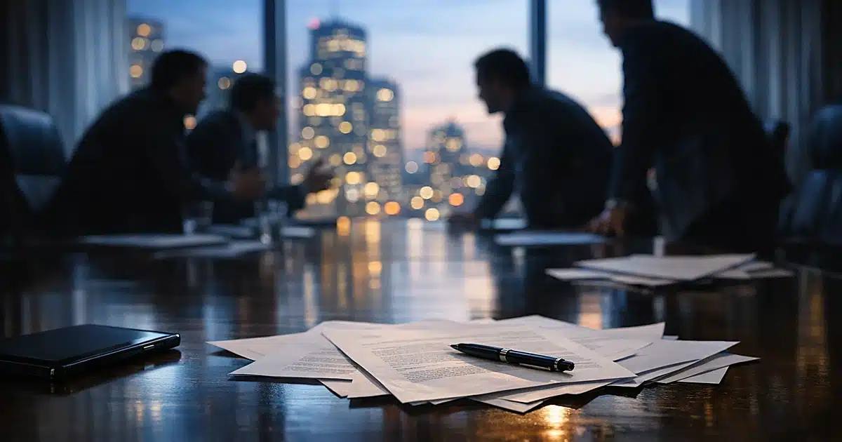 Silhouetted business executives in tense boardroom discussion with city skyline visible through windows