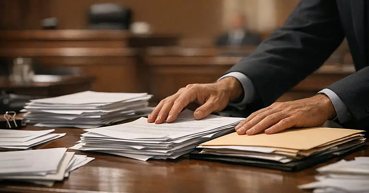 Hands in dark suit sleeves sliding government documents across courtroom evidence table with folders scattered