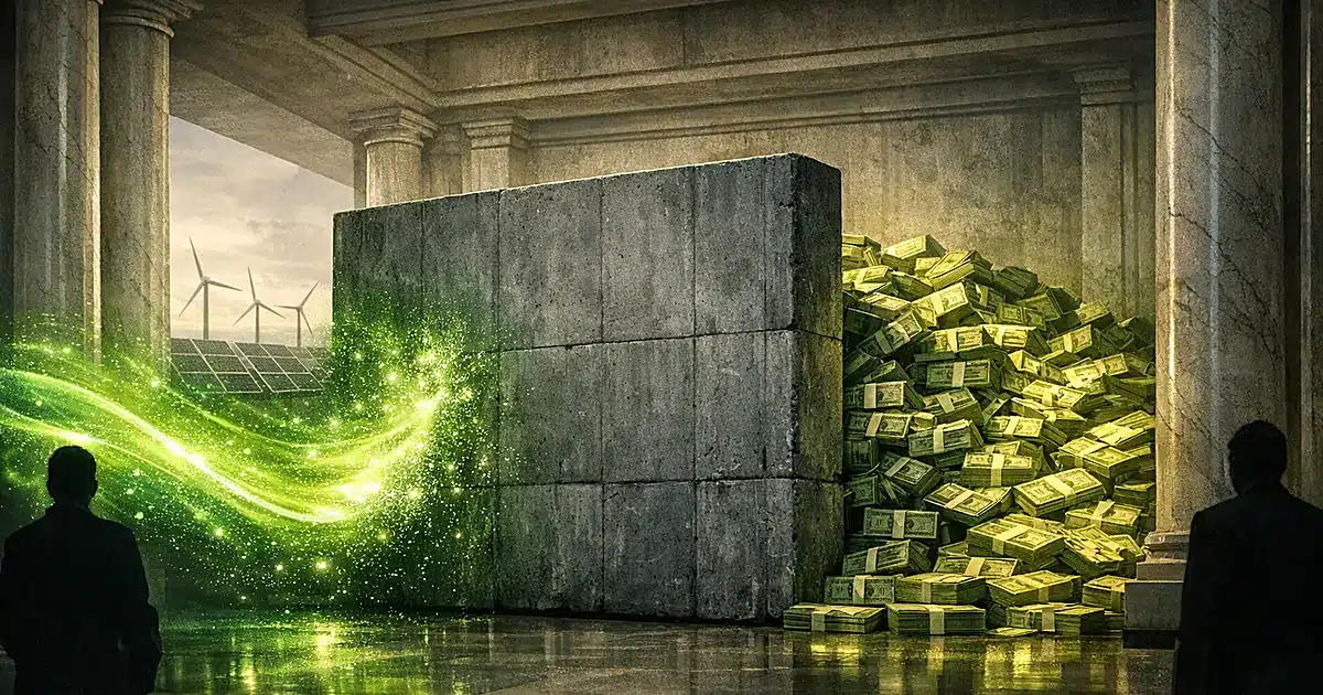 Concrete barrier blocking flowing green energy from solar panels and wind turbines in government building interior