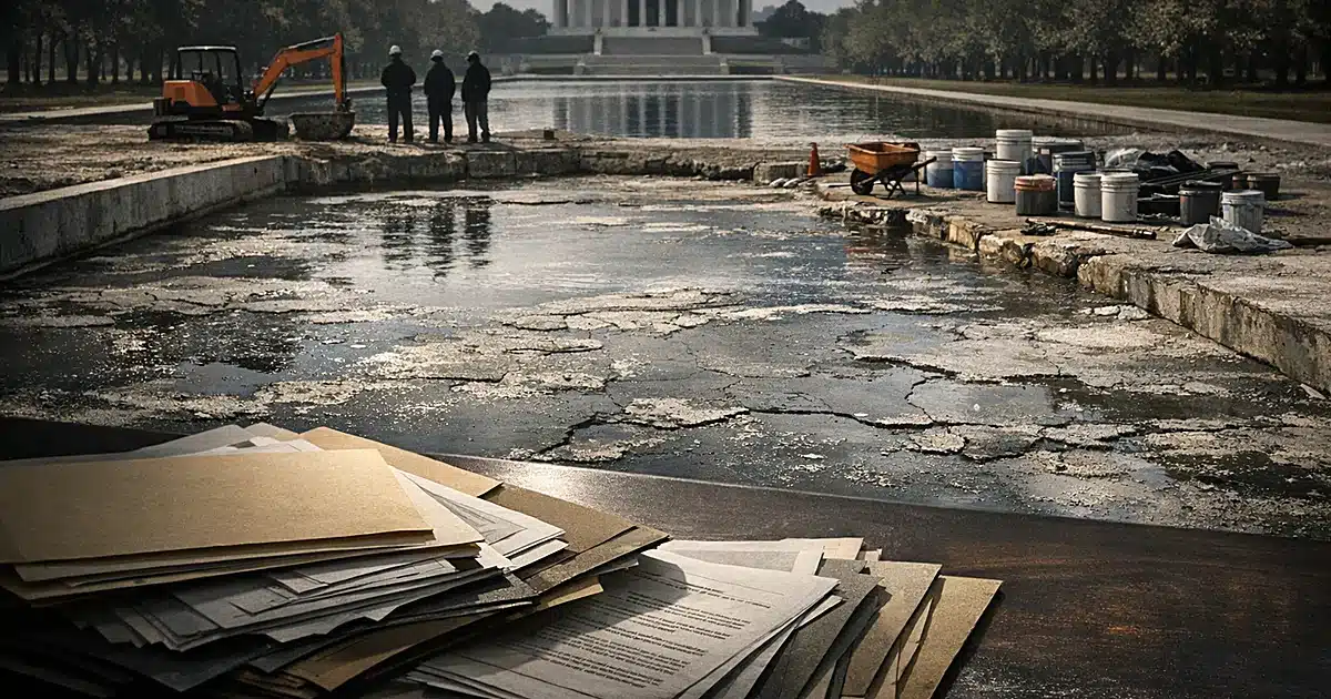 Damaged reflecting pool with cracked concrete and scattered construction materials, with official documents in foreground