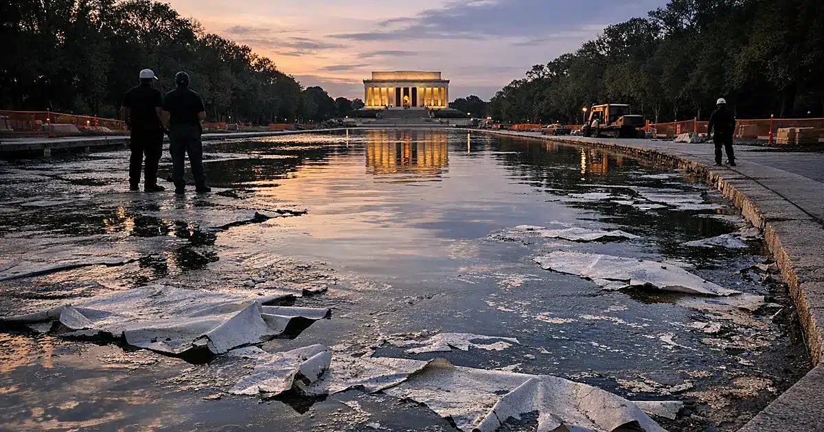 Lincoln Memorial Reflecting Pool showing damaged and peeling coating material along the basin edges at dusk