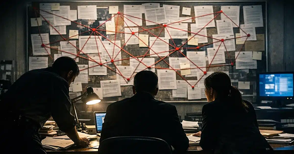 FBI operations room with evidence board, documents, and silhouetted analysts working at table in dramatic lighting