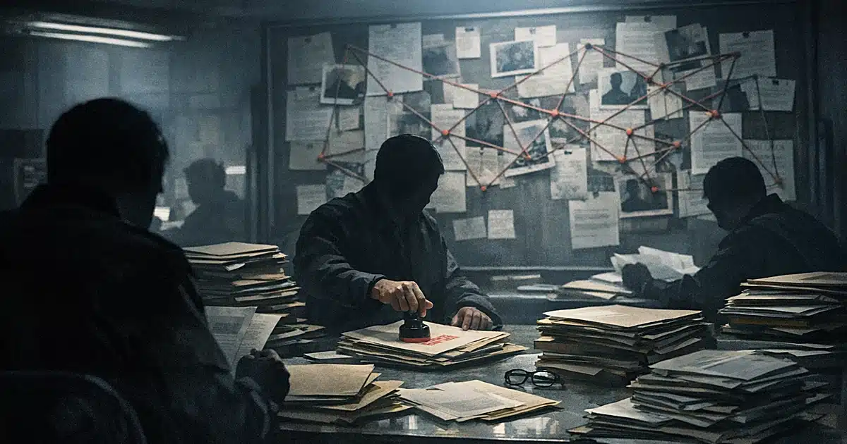 Silhouetted figures in dark office stamping documents with evidence board showing connected files in background